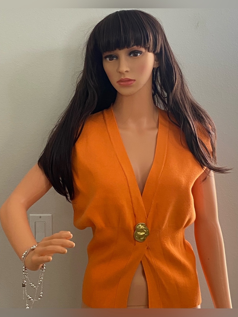 NEW BRIGHT ORANGE SLEEVELESS V-NECK SWEATER WITH GOLD ACCENT